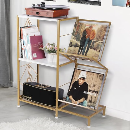 Record Player Stand with Vinyl Record Storage, Turntable Stand with 2-Tier Vinyl Display Shelf & Metal Frame, Vinyl Holder for Living Room, Gold & White