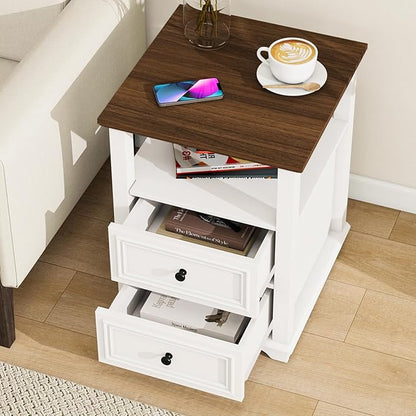 Vipbear Farmhouse Nightstand 18" White End Table with Charging Station & 2 Drawers, Rustic Bedside Table with Storage Shelf for Bedroom, Living Room,18.1" D x 18.1" W x 24.2" H, Set of 2