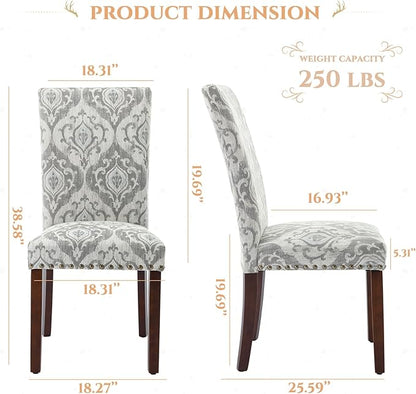 Parsons Dining Chairs Set of 6, Upholstered Nailhead Dining Room Kitchen Side Chair with Thick Cushions and Wood Legs, White/Grey