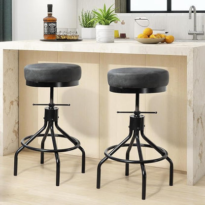 Grey Swivel Bar Stools Set of 2 Adjustable Swivel Round Barstools Modern PU Leather 28inch Industrial Backless Counter Height Stool Bar Chair for Kitchen Island (2, Grey)