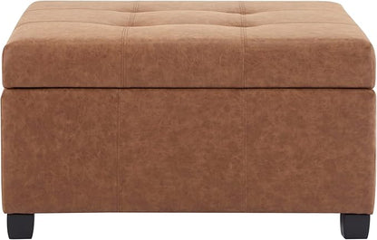 Christopher Knight Home Lorel Faux Leather Square Storage Ottoman Coffee Table, Wooden Ottoman with Storage, Entryway Modern Ottoman Foot Stool, Toy Box Storage for Living Room, Brown