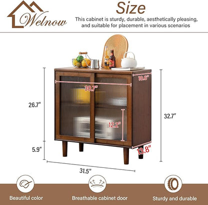 Welnow Buffet Cabinet, Bamboo Sideboard with Storage Kitchen Display Cabinet with 2-Tier Shelves Boho Coffee Bar Tables for Kitchen, Living Room, Entryway, Office, Walnut