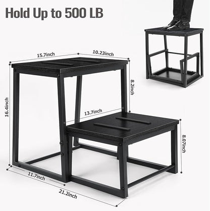 Vrisa Step Stool for Adults Wooden 2 Steps Footstool Heavy Duty RV Bedside Stepping Stool for High Beds with Metal Frame Hold Up 500LB Foot Stool for Kitchen Bathroom Bedroom, Black