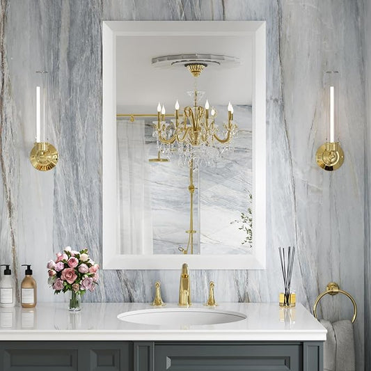 Amorho Bathroom Mirror, 24x36 Inch White Thick Metal Framed Wall Mirrors for Over Sink, Bedroom, Living Room, Entryway, Rectangle Wall-Mounted Mirrors(Horizontal/Vertical).