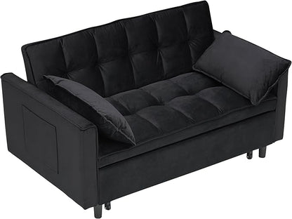 Ball & Cast 55" Convertible Sleeper Sofa Bed,Convertible Pull Out Couch with 2 Pillows,Adjustable Backrest & Side Pocket,Loveseat Futon Sofa Bed for Living Room,Apartment,Velvet Fabric,Black