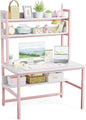 Aquzee Pink Desk with Hutch for Girls, 47in Computer Desk with Bookshelf for Teens Adults, Craft Table for Bedroom Kids Room, White Pink Study Table with Shelves for Storage