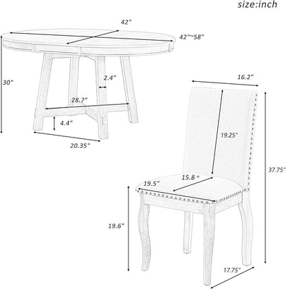 5 Pieces Dining Table Set with 43" Round Extendable Desk,Living Room Furniture W/ 4 Upholstered Curved Legs Chairs,for Restaurant,Home Bistro,Oak Natural Wood+Antique White