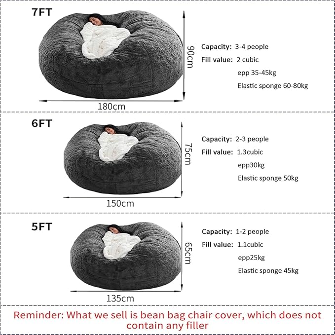 Bean Bag Chair for Adults Kids Without Filling Comfy Oversized Round Lazy Sofa Bean Bag Cover for Stuffed Animal Storage Bedroom Living Room Chairs, 6FT, Silver Pink