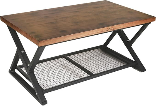 EASYSOUL Coffee Table with Storage Shelf, Solid Wood Top with Black Metal X-Frame, 39.37" D x 23.62" W x 18.11" H, Mid Century Modern Center Coffee Tables for Living Room with 2 Tier (Brow, 39.37")