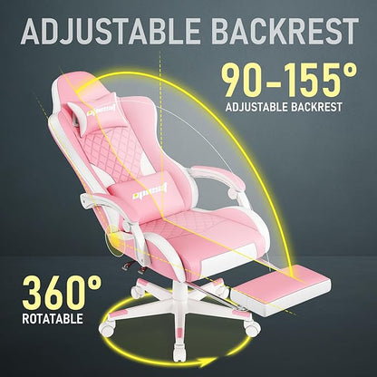 Gaming Chair,Ergonomic Computer Chairs for Adults with Footrest, PU Leather Office Chair with Adjustable Lumbar Support & Pocket Spring Cushion - Heavy Duty 400lb Capacity Gamer Chair (Pink)