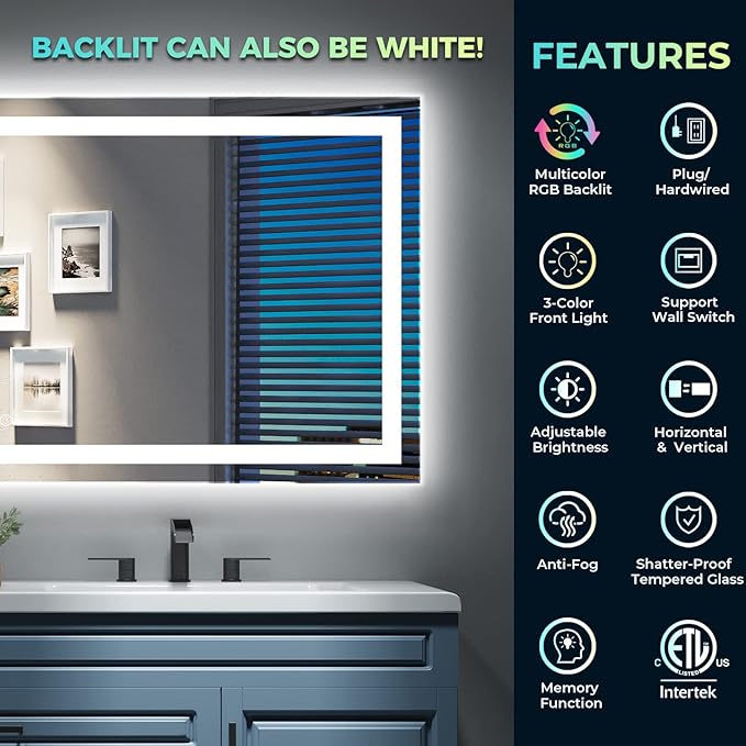 48x32 Inch RGB LED Bathroom Mirror Front Light and RGB Backlit Lighted Vanity Mirror for Bathroom Wall Mounted Dimmable Anti Fog Memory Shatter-Proof IP54 Waterproof Horizontal/Vertical