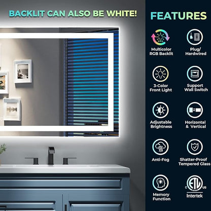 48x32 Inch RGB LED Bathroom Mirror Front Light and RGB Backlit Lighted Vanity Mirror for Bathroom Wall Mounted Dimmable Anti Fog Memory Shatter-Proof IP54 Waterproof Horizontal/Vertical