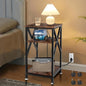 TooCust 3 Tier End Table with Charging Station, 16" W x 12" D x 28" H, Metal and Brown Bedside Table with USB Ports and Outlets, X-Shaped Side Table with Wheels for Living Room, Bedroom, Kitchen