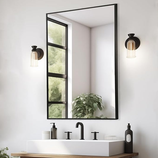 Black Bathroom Mirror, 20"x28" Rectangle Mirror, Matte Black Mirror, Metal Frame Square Corner Vanity Mirror, Wall Mounted Mirror for Modern, Living Room, Bedroom, Horizontal Or Vertical