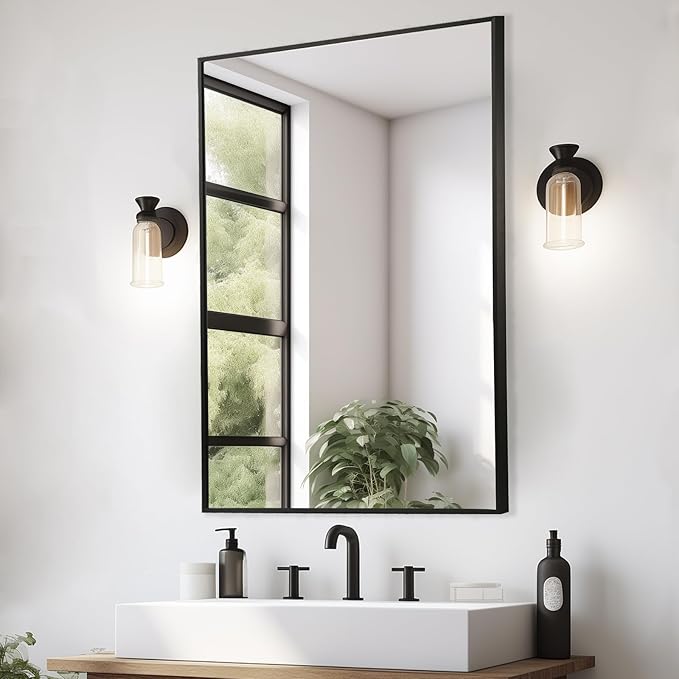 Black Bathroom Mirror, 16"x20" Rectangle Mirror, Matte Black Mirror, Metal Frame Square Corner Vanity Mirror, Wall Mounted Mirror for Modern, Living Room, Bedroom, Horizontal Or Vertical