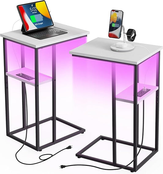 Innerjoin Side Table with Charging Station Set of 2, C Shaped End Table with LED Light Strip, Fast Charge USB A&C Ports, Small Sofa Snack Laptop Side Table for Living Room Bedroom, White