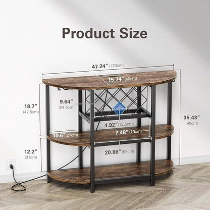 Zarler Bar Cart with Power Outlet Easy to Assemble, LED Home Bar Cabinet for Liquor, 47.3" L x 15.8" D x 36" H Metal Mini Bar Table with 4-Tier Storage, Brown