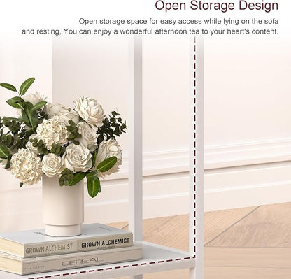 Narrow Side Table for Small Space Set of 2, 2-Tier Small End Table with Shelf Holder, Slim Nightstand, Skinny Snack Couch Table in Living Room, Bedroom, Study, Kitchen and Balcony（White