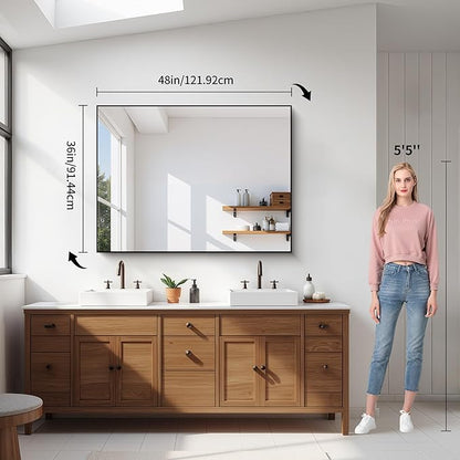 YIROMAN Bathroom Mirror 48"x36", Large Brushed Silver Bathroom Mirror for Over Sink with Aluminum Frame, Rectangular Vanity Mirror with Right Angle, Wall Mirror Hangs Horizontal or Vertical