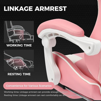 GTPLAYER Gaming Chair, Computer Chair with Footrest and Lumbar Support, Height Adjustable Game Chair with 360°-Swivel Seat and Headrest and for Office or Gaming (Faux Leather, Pink)