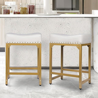 Bar Stools Set of 2, Counter Height Bar Stools for Kitchen Island, 24 Inch Modern White & Gold Saddle Backless Barstools, Counter Stool with Metal Base & Thick Saddle Seats(White+Gold)