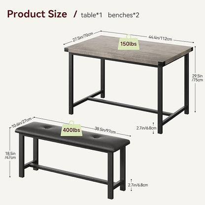 Garvee Dining Table with 2 Benches, Kitchen Table with 2 Upholstered Benches Rectangular Space Saving for Apartment, Dining Room, Kitchen, 44.5 Inches Large, Grey