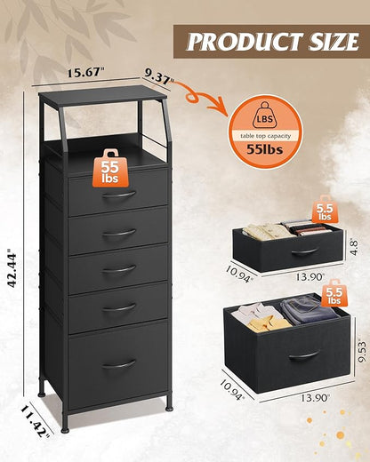 WLIVE Black Fabric Dresser for Bedroom, Tall Nightstand with 5 Drawers & 2 Open Shelves, Modern Night Stand Organizer, Sturdy Steel Frame Bedside Table