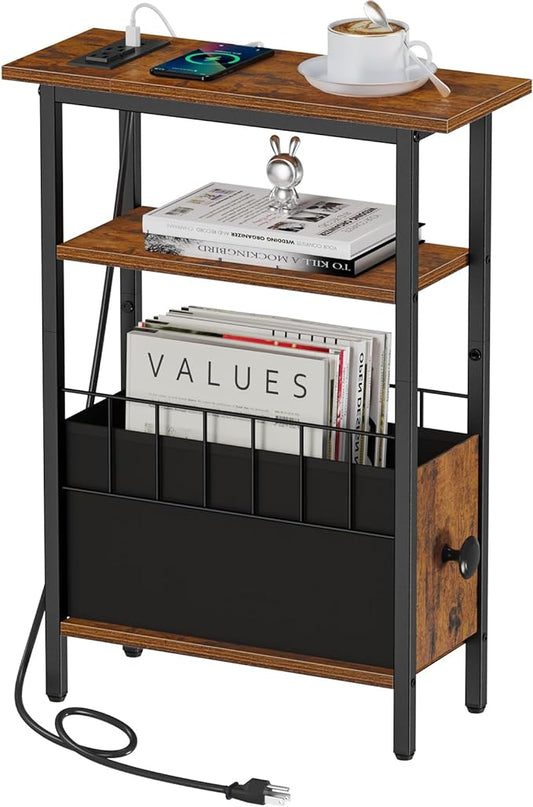 Snughome Narrow Side Table with Charging Station, Slim End Table for Small Spaces, 3 Tier Skinny Nightstand with Drawer, Sofa Beside Table with Storage Shelf for Living Room Bedroom