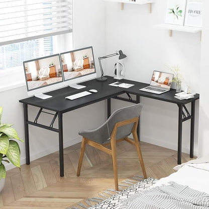 DlandHome Reversible L-Shaped Desk Large Corner Desk Folding Table Computer Desk Home Office Table Computer Workstation, Brown Black, ND11