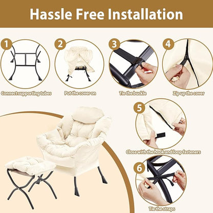 Lazy Chair with Folding Ottoman, Accent Chair Velvet Upholstered with Metal Structure and Non-Slip Pads, Sofa Armchair with Footrest and Side Storage Bag for Dorm, Room, Office, Beige