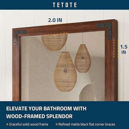 TETOTE 55 x 36 Walnut Wooden Mirror for Bathroom Wall/Bedroom/Living Room/Entryway Farmhouse Rustic Bathroom Vanity Mirror Waterproof (Horizontal/Vertical Mounted)