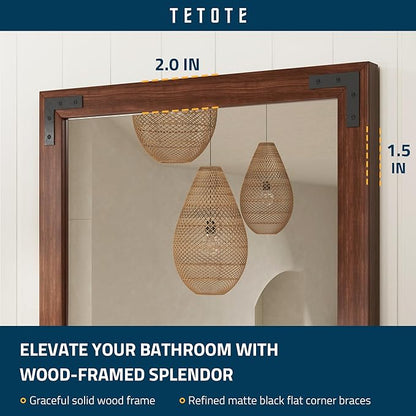 TETOTE 60 x 36 Rustic Bathroom Mirror Wood Frame, Waterproof Walnut Brown Farmhouse Wooden Framed Rectangle Bathroom Vanity Mirror for Modern Boho Decor, Horizontal/Vertical, Easy to Install