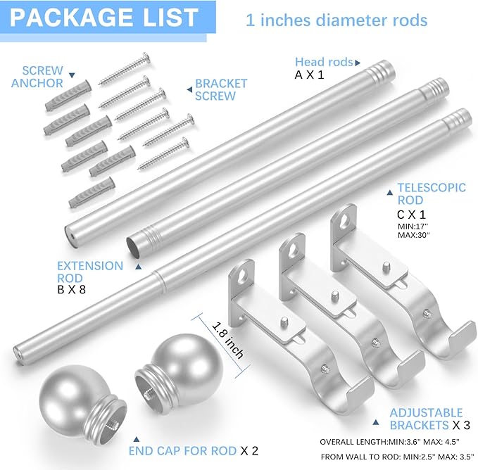 Curtain Rods for Windows 16 to 150 Inches, Curtain Rod Max Adjustable Length of 160 IN, 1" Diameter Drapery Rods Round Finials, Satin Silver, Pack of 1