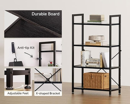 Casaottima Book Shelf, 4 Tier Bookshelf, Modern Wood Bookcase Shelves for Bedroom, Industrial Display Shelf for Living Room Home Office Kitchen, Standing Shelving Unit Storage Organizer, Black