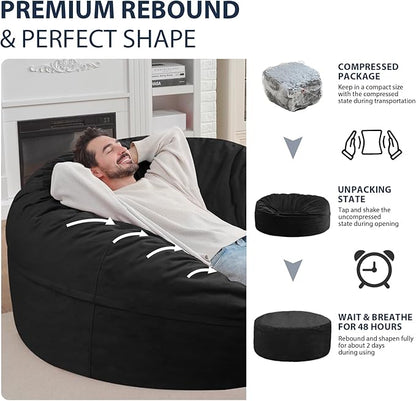 6FT Bean Bag Chair, Large Bean Bag Chairs with Memory Foam Filled, Fluffy Beanbag Sofa with Dutch Velvet Cover, Round BeanBag Chairs for Living Room, Playroom - Black