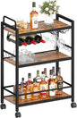 Home Bar Serving Cart, Serving Cart with Wheels and Handle, 3 Tier Rolling Kitchen Cart, Microwave Cart, Beverage Cart with Wine Holder and Glass Holders, for Dinning Room, Living Room, Kitchen
