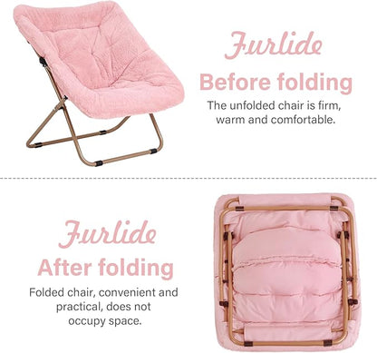 Modern Pink Faux Fur Foldable Metal Frame Recliner Chair for Bedroom, Living Room, Balcony