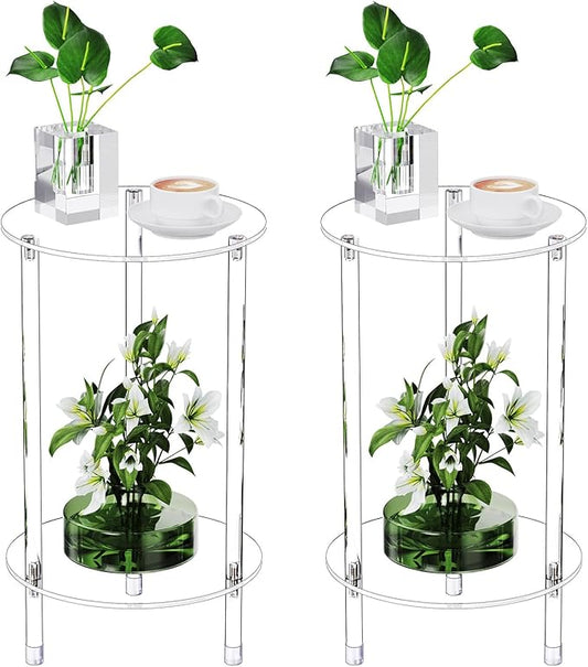 Clear Round Acrylic Side Table Set of 2 for Small Spaces, 11.81" L x 11.81" W x 19.82" H, 2 Tier Small Modern Drink End Table Nightstand, Mini Bedside Table for Living Room, Bedroom, Bathroom