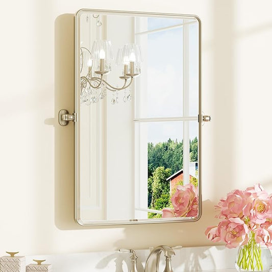 Keonjinn 24 x 36 Inch Pivot Mirror Bathroom, Brushed Nickel Tilt Mirror Bathroom for Wall, Beveled Pivot Rectangle Mirrors for Over Sink, Farmhouse Metal Framed Vanity Mirrors, Horizontal/Vertical