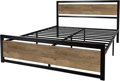 SHA CERLIN Full Size Bed Frame with Modern Headboard, Heavy Duty Platform Metal Base with Square Footboard and 13 Strong Slats Support, No Box Spring Needed, Brown