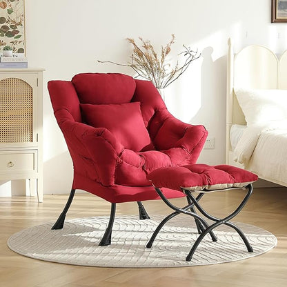 Lazy Chair with Ottoman, Modern Lounge Armchair with a Pillow, Leisure Sofa Armchair Set, Reading Chair with Footrest for Living Room, Bedroom, Office, Dorm Room, Peach Burgundy