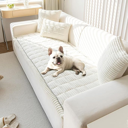 OTOB Couch Covers for 3 Cushion Sofa Pet Friendly, Plush Fuzzy Non Slip Sofa Covers Washable, Soft All Seasons Sofa Slipcovers Furniture Protector Dog Bed Mat (Cream, 27.6" x 82.7")