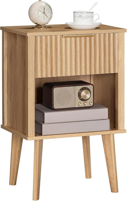 End Table, Fluted Night Stand, Modern Side Table, Bedside Table with 1 Drawer and 1 Open Compartment, Mid Century Nightstand, for Living Room, Bedroom, Study, Office, Natural ETNA6201
