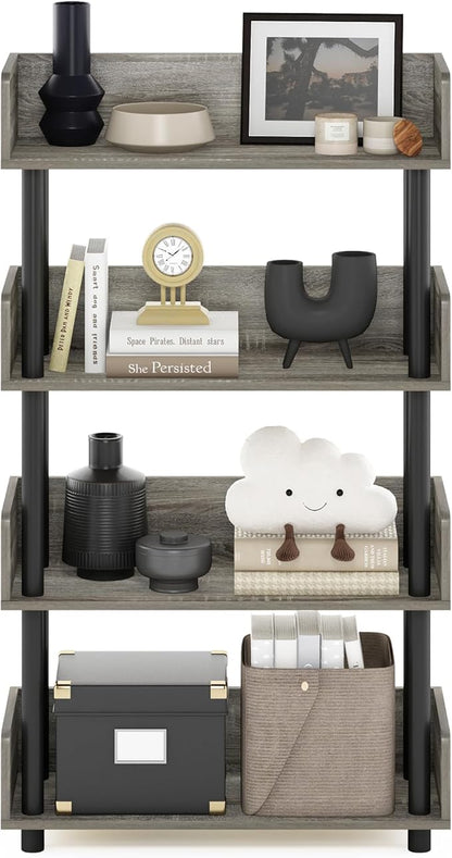 Furinno Turn-N-Tube 4-Tier Multipurposes Display Rack, Open Shelf Rack/Storage with Back & Side Panel, French Oak/Black