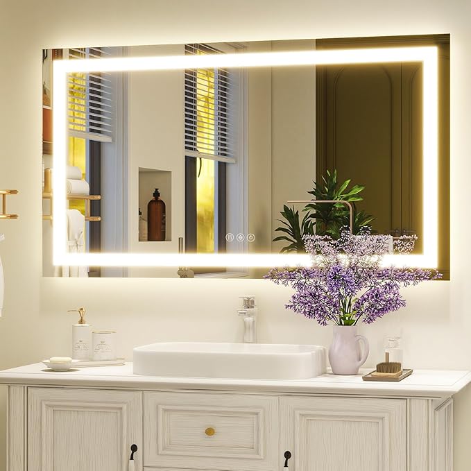 55'' x 30'' LED Bathroom Mirror with Lights, Wall Mirror with Front and Backlight, 3 Colors Vanity Mirror with Lights, Anti-Fog Wall Mirror for Bathroom