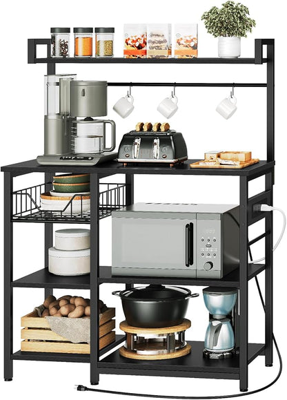 HOOBRO Kitchen Bakers Rack with Power Outlet, Coffee Bar, Microwave Oven Stand with Mesh Basket, Coffee Station with 4 S-Shaped Hook, Kitchen Shelf, for Dining Room, Living Room, Black BB05HB01