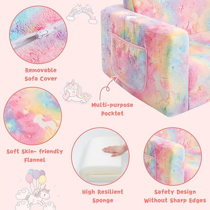 Toddler Chair Comfy,2-in-1 Soft Toddler Couch Fold Out for Kids,Convertible Sofa to Lounger,Gift for Girls and Boys Birthday,Unicorn,Large
