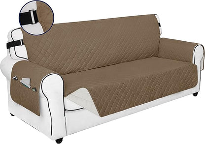 PureFit Reversible Sofa Couch Cover Water Resistant Couch Covers for 3 Cushion, Washable Furniture Cover with Non-Slip Foam and Adjustable Strap for Dogs, Pets (Oversized Sofa, Camel/Ivory)