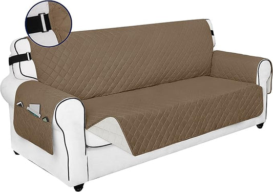 PureFit Reversible Sofa Couch Cover Water Resistant Couch Covers for 3 Cushion, Washable Furniture Cover with Non-Slip Foam and Adjustable Strap for Dogs, Pets (Oversized Sofa, Camel/Ivory)