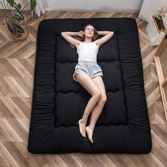 MAXYOYO Japanese Floor Mattress Futon Mattress, 4" Thicken Tatami Mat Sleeping Pad Foldable Roll Up Mat Boys Girls Dormitory Pad Kids Floor Lounger Pillow Bed, Black, King